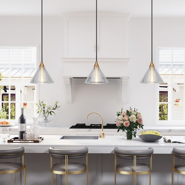 Yarge Modern Mini Pendant Lights with Chic Cone Fluted Glass for Kitchen Island Brass Clear D 7 x H 66.8