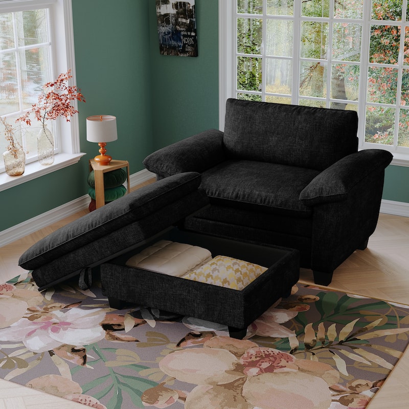 Oversize Chaise Lounge Chair with Ottoman and Storage, Upholstered in Soft Chenille
