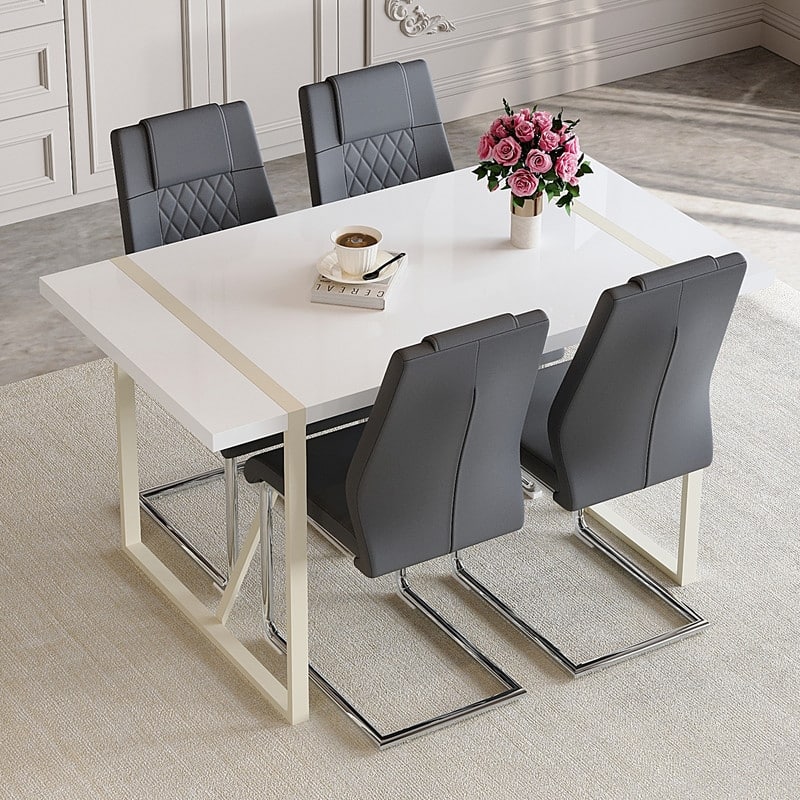 5-Piece Cream White MDF Dining Table Set, with 4 Chairs, Silver Metal Legs, Kitchen Dining Room Set