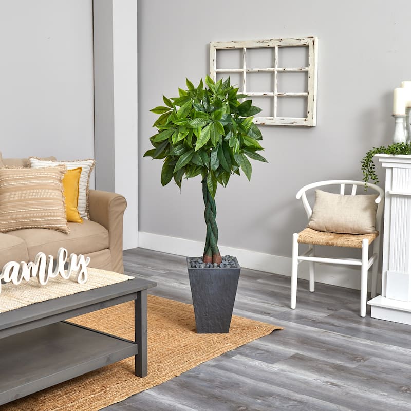 5ft Money Artificial Tree in Slate Planter with Real Touch Lush Green Leaves and Braided Trunk for Office or Home - 51-60 Inches