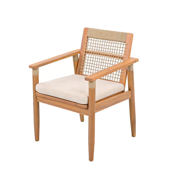 Christopher Knight Home - Caldera Outdoor Acacia Wood Patio Dining Chairs with Rope Woven Backrest and Cushions, Set of 2