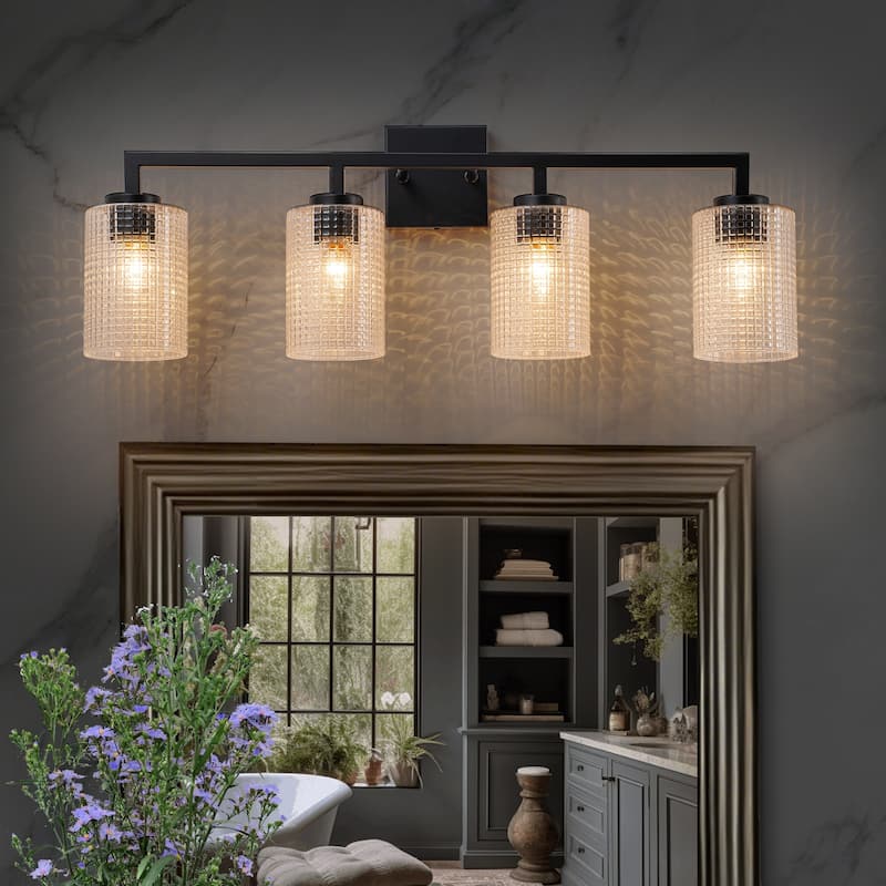 3/4-Light Modern Black Wall Sconce Bathroom Vanity Light with Grid Glass Shades