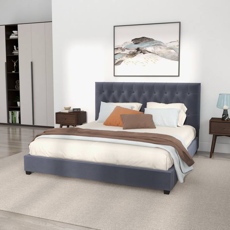 King Size Mid-Century Modern Grey Velvet Platform Bed with Elongated Tufted Headboard and Solid Wood Frame