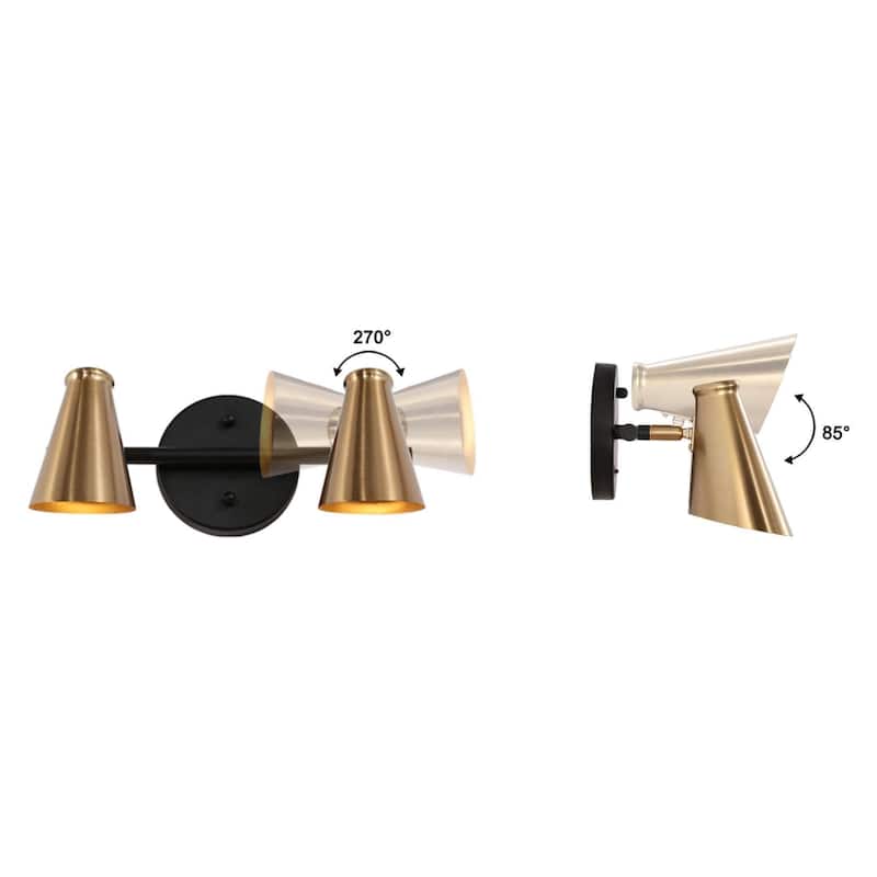 Modern 2-Light Black Gold Bathroom Vanity Light Dimmable Metal Wall Sconces