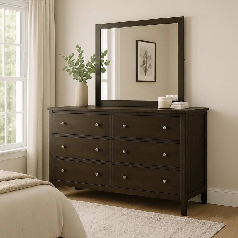 Wlly Wide Dresser with Matching Mirror, 6 Drawers, Dark Brown Wood