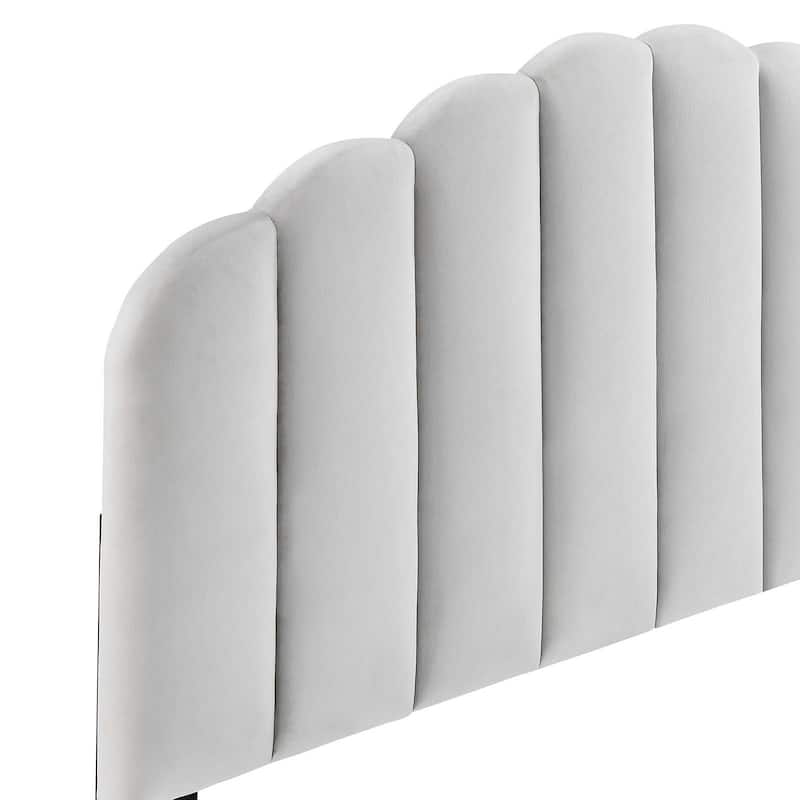 Burney Scalloped Light Grey Velvet Upholstered Full/Queen Size Headboard