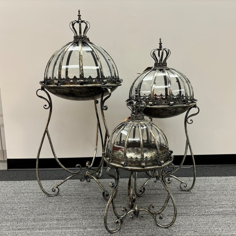 Set of 3 Glass Dome Terrariums on Stands with Antique Finish - 20.5" L x 20.5" W x 48" H - Frosted Silver