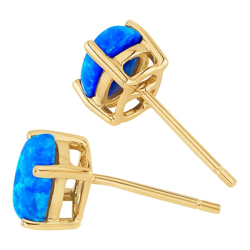 14k Yellow Gold Blue Opal Stud Earrings 1 ct Oval Shape