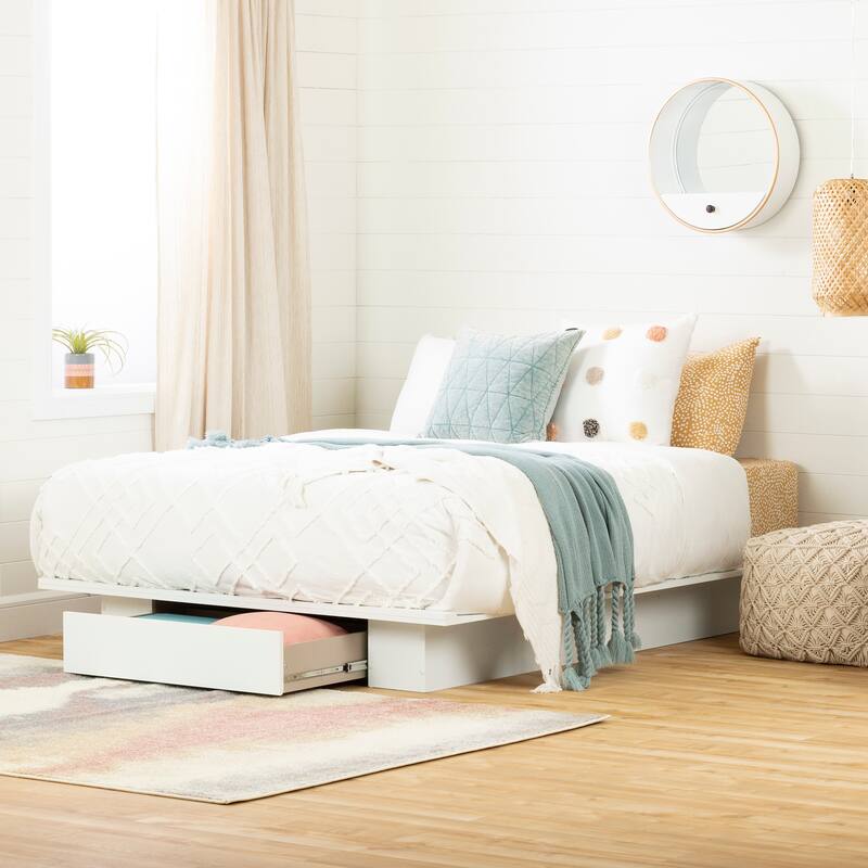 South Shore Kanagane 1-Drawer Platform Bed, Soft Elm - Pure White