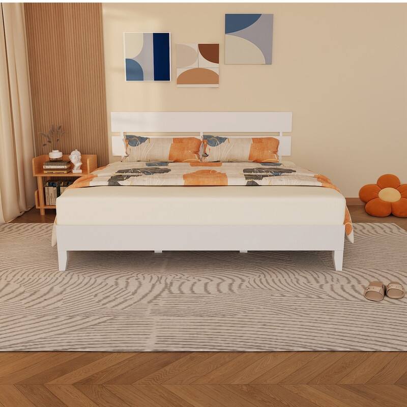 Modern Brown Solid Wood Platform Bed Frame with Headboard