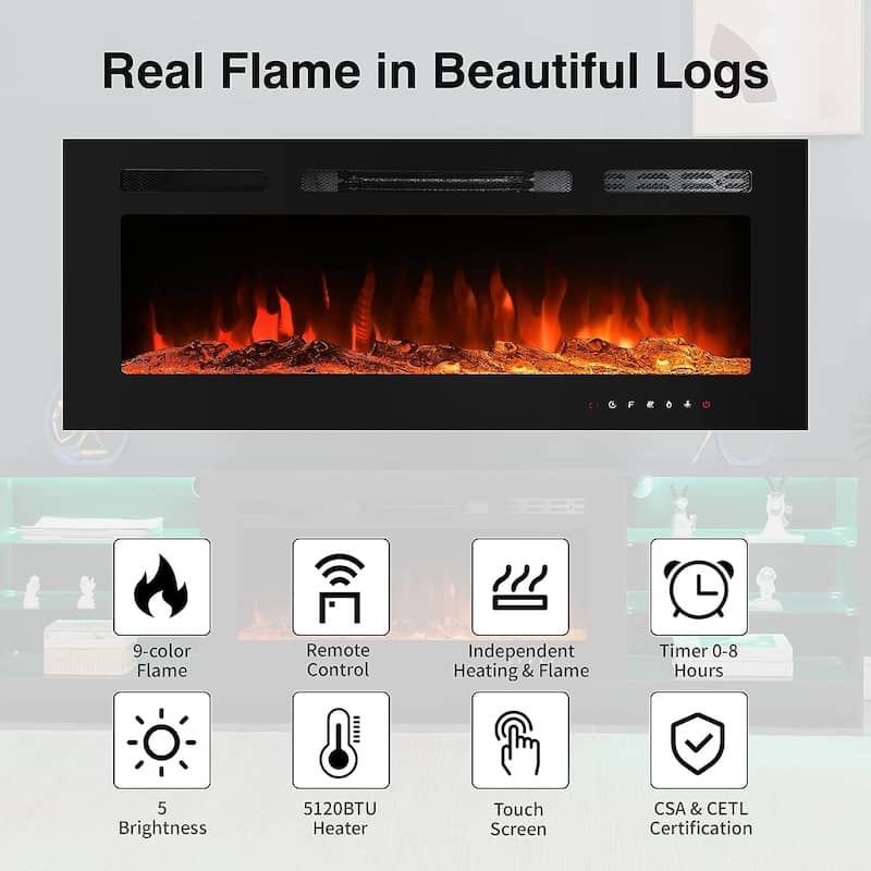 EROMMY 79" Fireplace TV Stand with 40" Electric Fireplace, Entertainment Center with Adjustable Glass Shelves