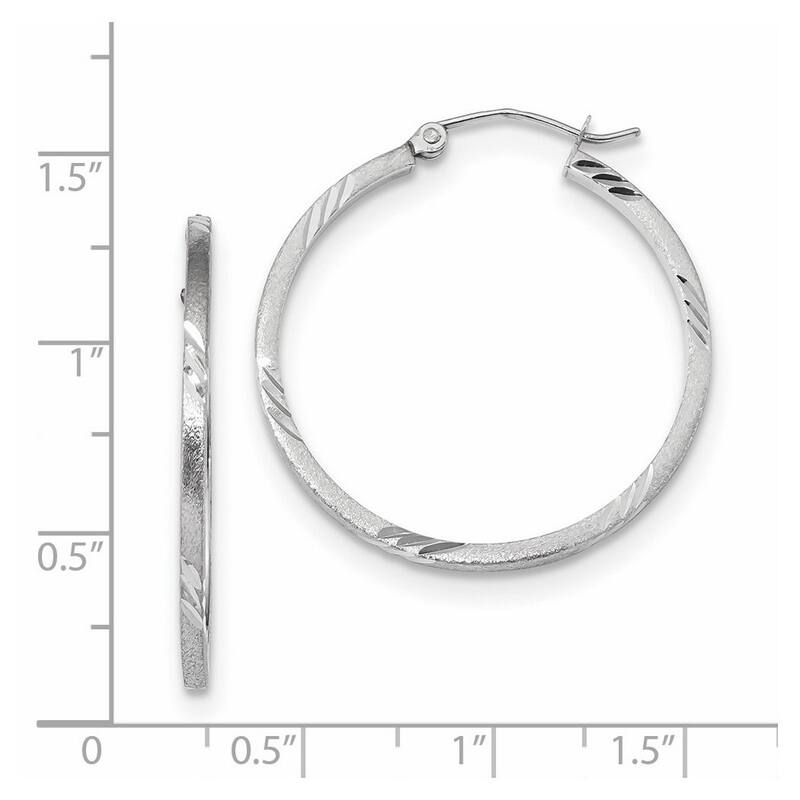 Curata 14k White Gold Satin and Sparkle Cut Square Tube Hoop Earrings 32x1.75mm