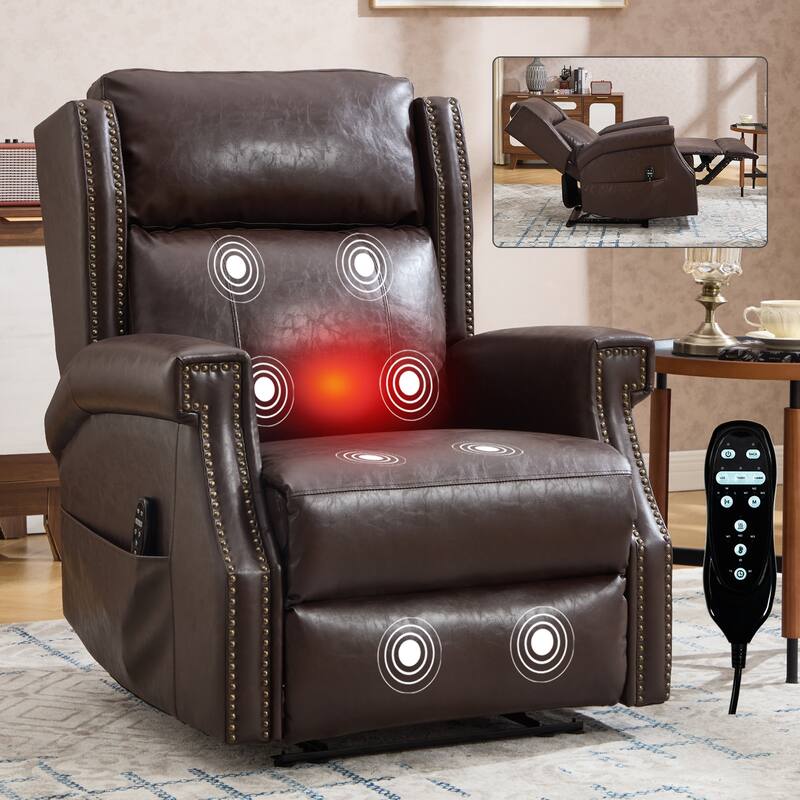 Faux Leather Recliner with 155 Degree Recline and 8 Vibration Nodes - Antique brown