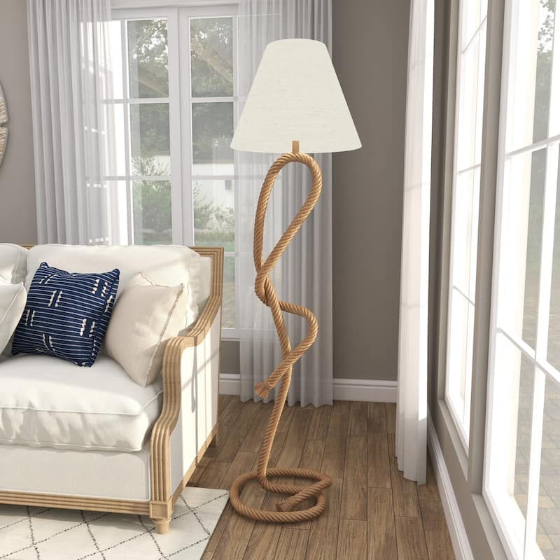 Brown Jute Rope Twisted Rope Room Floor or Table Lamp with Cream Linen Shade