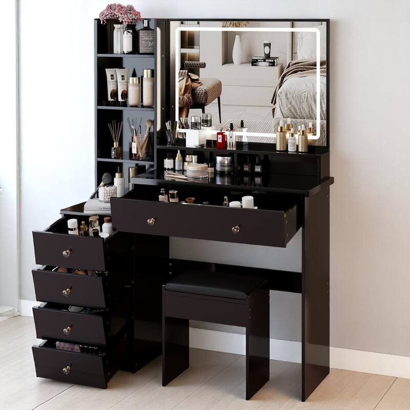 Makeup Vanity Desk with Extra Large Lighted Mirror, Left Drawer Cabinet, Adjustable LED Lighting, and Stool for Bedroom