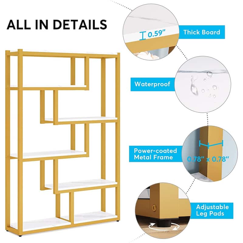 6-Tier Etagere Bookcase, Modern Industrial Staggered Bookshelf