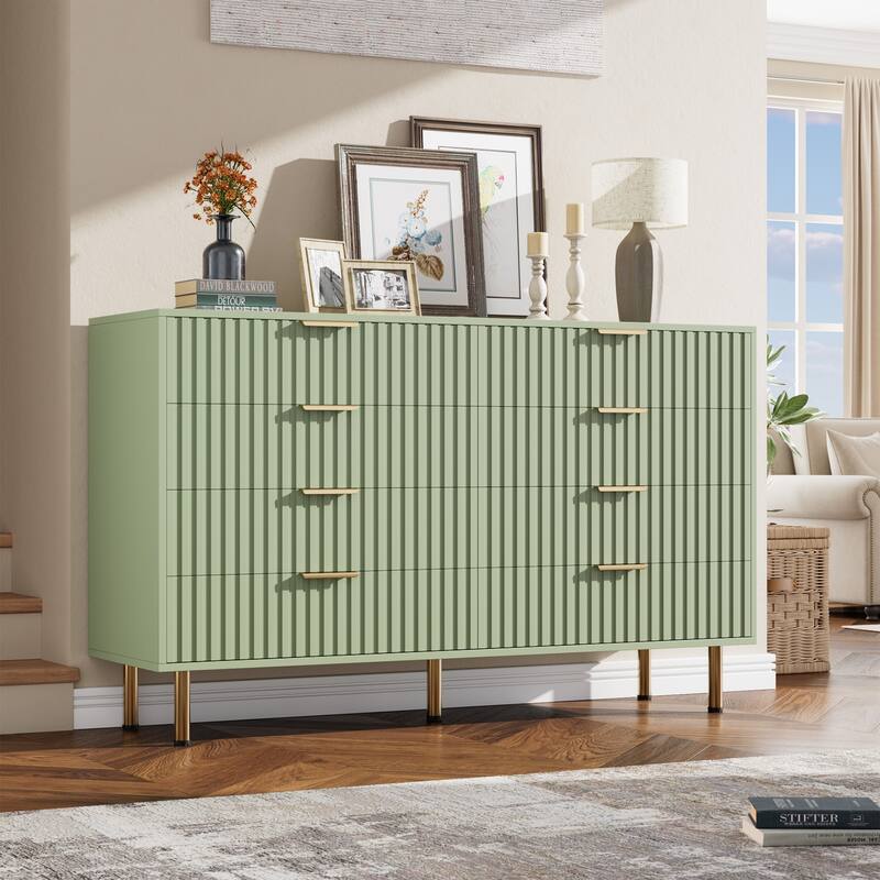 Fluted 8 Drawer Storage Dresser, Tall Modern Chest with Ample Deep Drawers and Wide Top - Green - 8-drawer