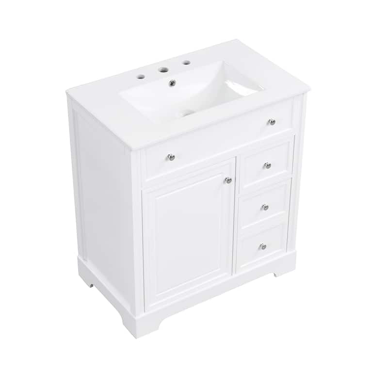 Modern 30-Inch Bathroom Vanity Cabinet with Ceramic Sink, 2 Drawers, and Door Shelf, White