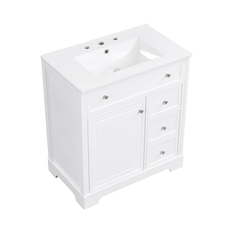 Roomfitters 30" Bathroom Vanity with Sink, Solid Poplar Wood Frame, 2 Drawers & Door with Storage Shelf, White