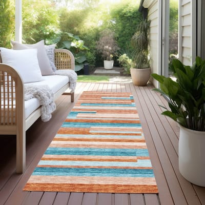Machine Washable Indoor/ Outdoor Modern Stripes Chantille Rug
