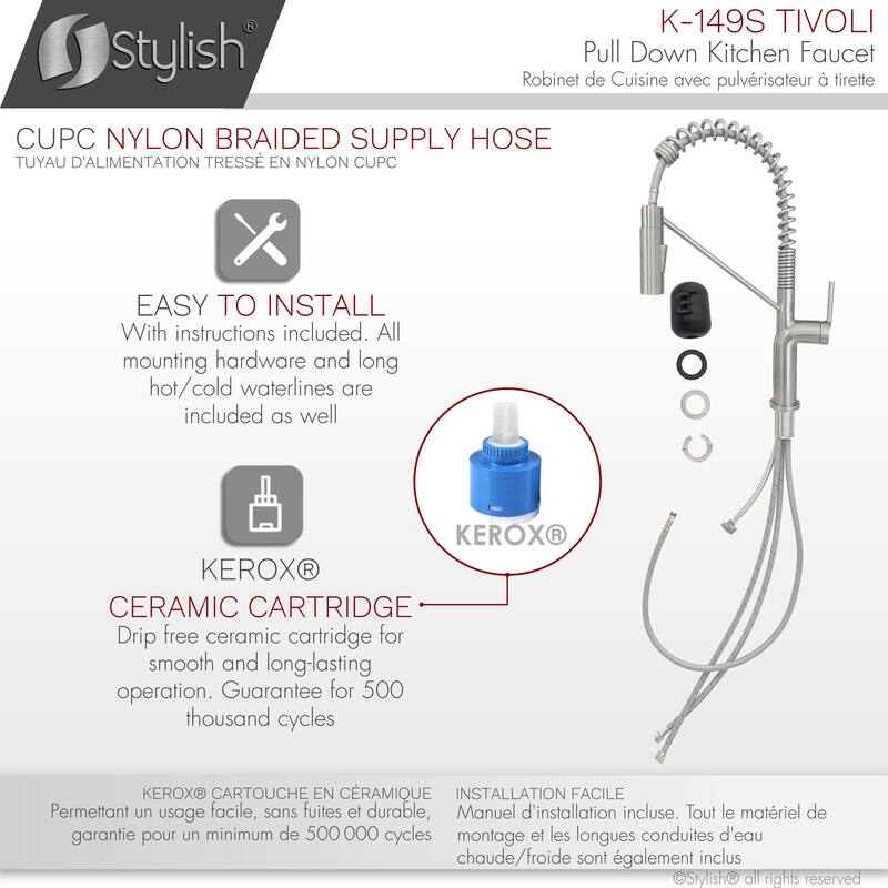 STYLISH Stainless Steel Single Handle Pull Down Sprayer Kitchen Faucet - Faucet Height: 16 3/4" | Spout Height: 7 1/2"