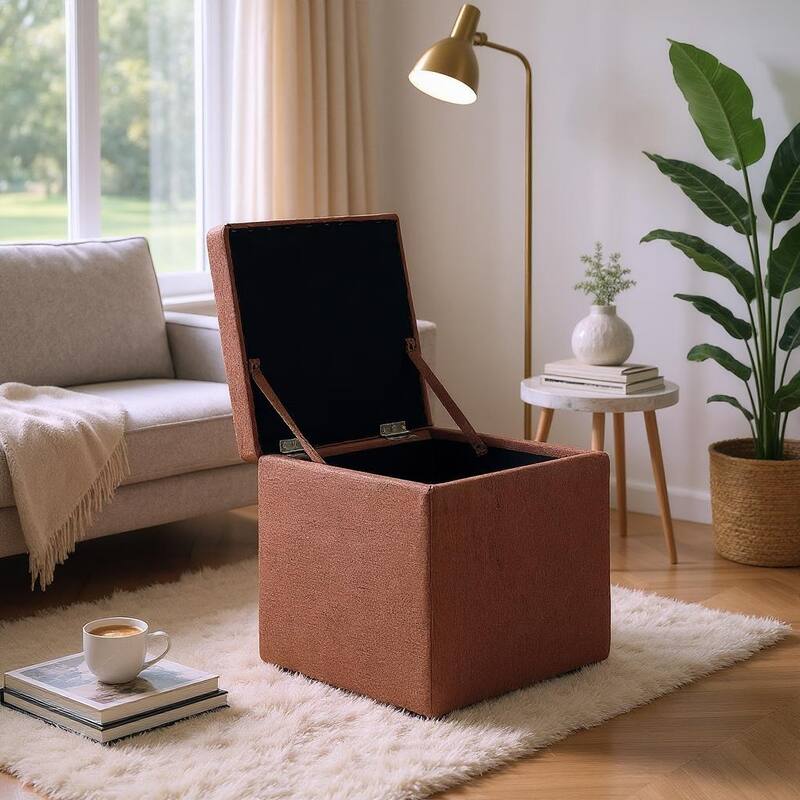Brown Linen Square Storage Ottoman Footrest with Hidden Compartment for Living Room or Bedroom