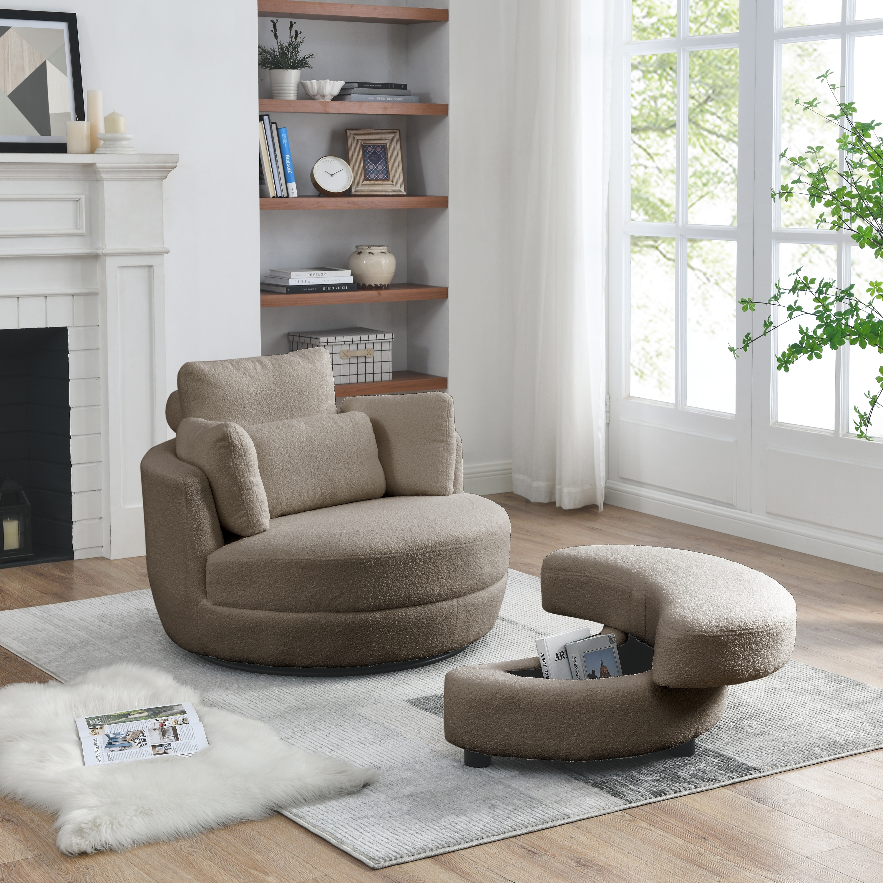 Oversized Swivel Chair with Moon Storage Ottoman and Pillows On
