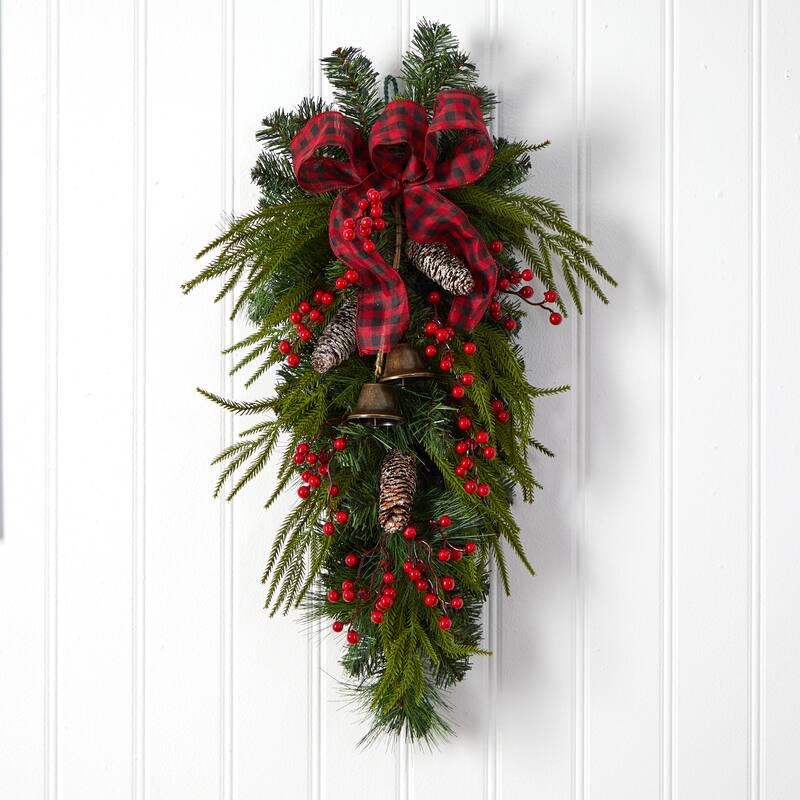 24" Holiday Christmas Pine Cones, Berry and Bells Wreath - Green - 30