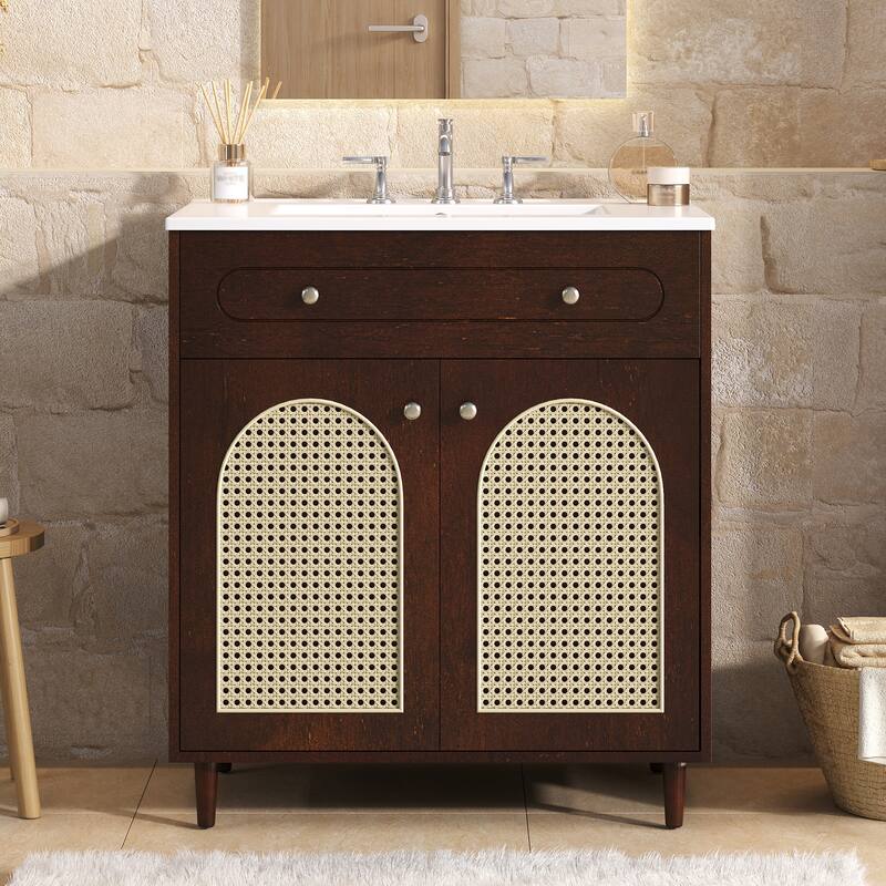 Woven Rattan Bathroom Vanity / Single Ceramic Sink Bathroom Cabinet