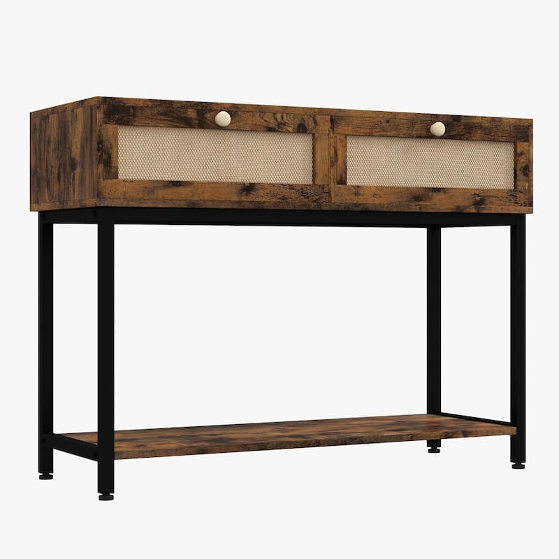 1 Modern Farmhouse Rattan Entryway Storage Shelf-Two Drawers