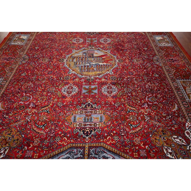 Pictorial Medallion Red Kashan Turkish Area Rug Machine Made Carpet - 9'8" x 12'5"