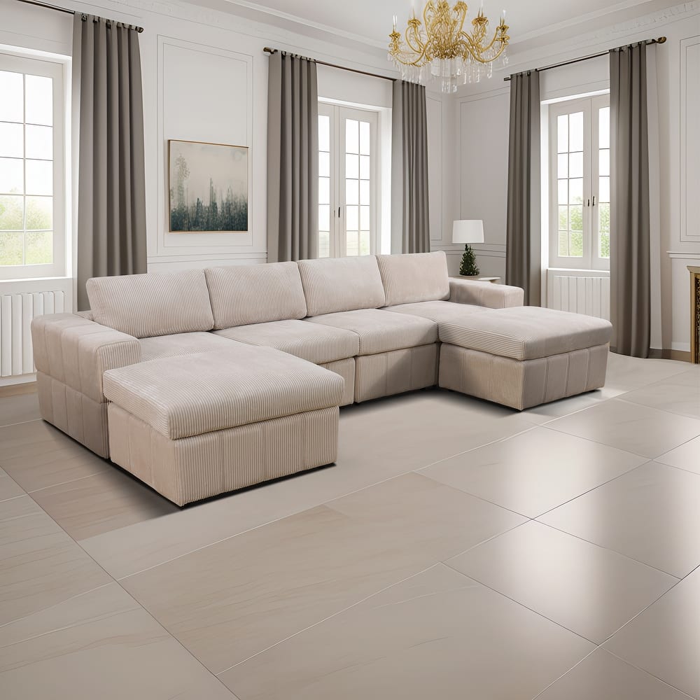132'' U-Shaped Corduroy Sectional Sofa Couch with Ottomans for Living Room