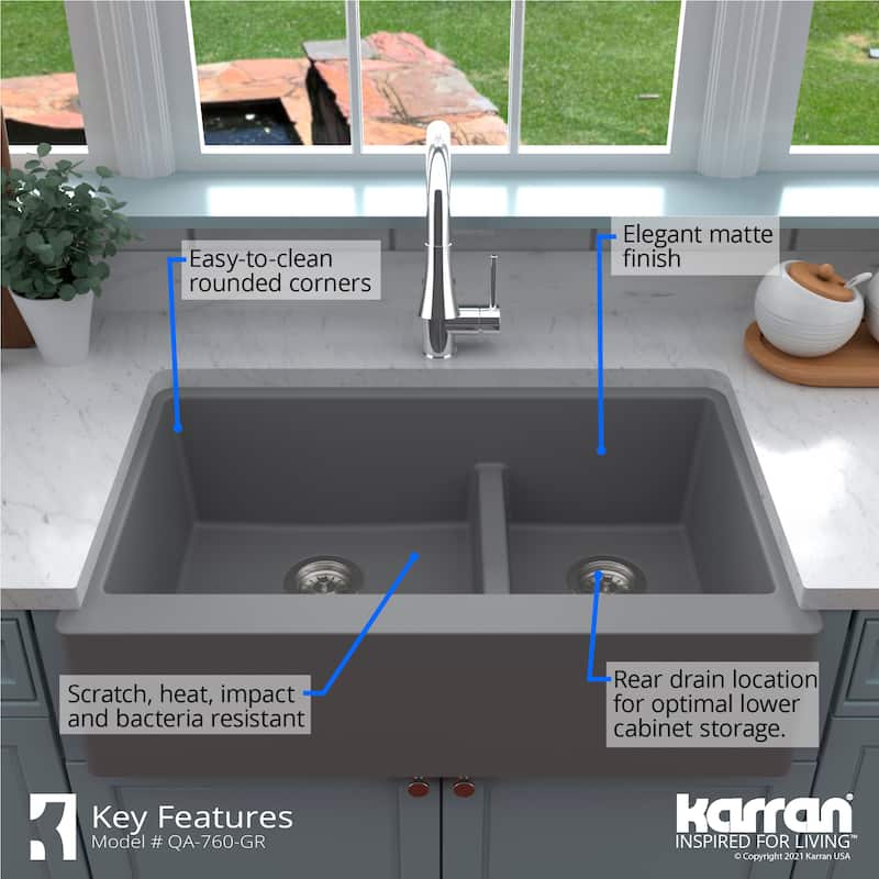 Karran Farmhouse/Apron-Front Quartz Double Bowl Kitchen Sink Kit