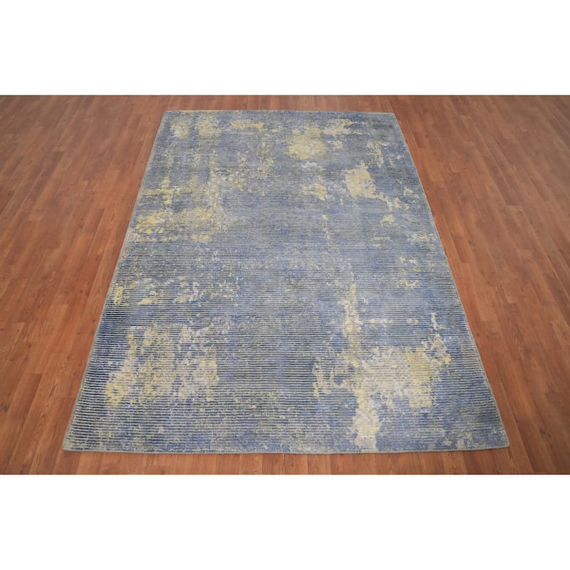 Hand Knotted Oriental Viscose Silk Carpet Modern All-Over Navy Blue & Blues Abstract Area Rug - 7' 8'' X 5' 6''