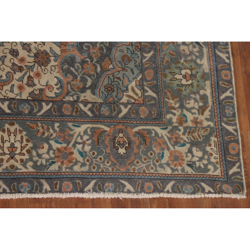 Over Dyed Tabriz Persian Vintage Rug Handmade Blue Wool Carpet - 9'10"x 12'11"