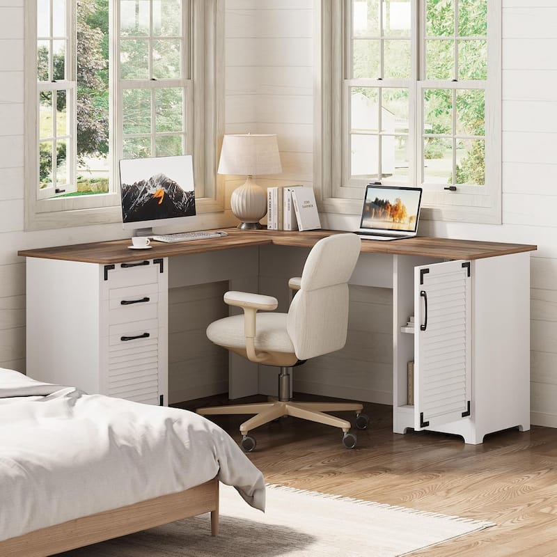 59 Inches White/ Brown Engineered Wood L Shaped Computer Desk with Power Outlet, Corner Executive Desk with Drawer & Cabinet