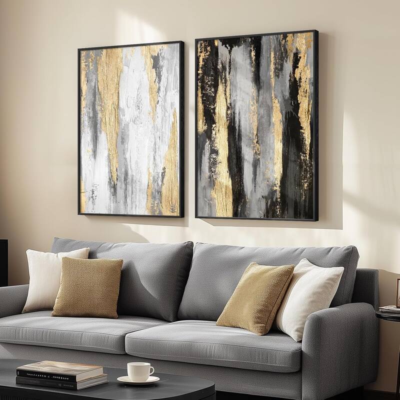 Framed Modern Abstract Wall Art Set, Black White Grey Gold Pictures - 24 x 36