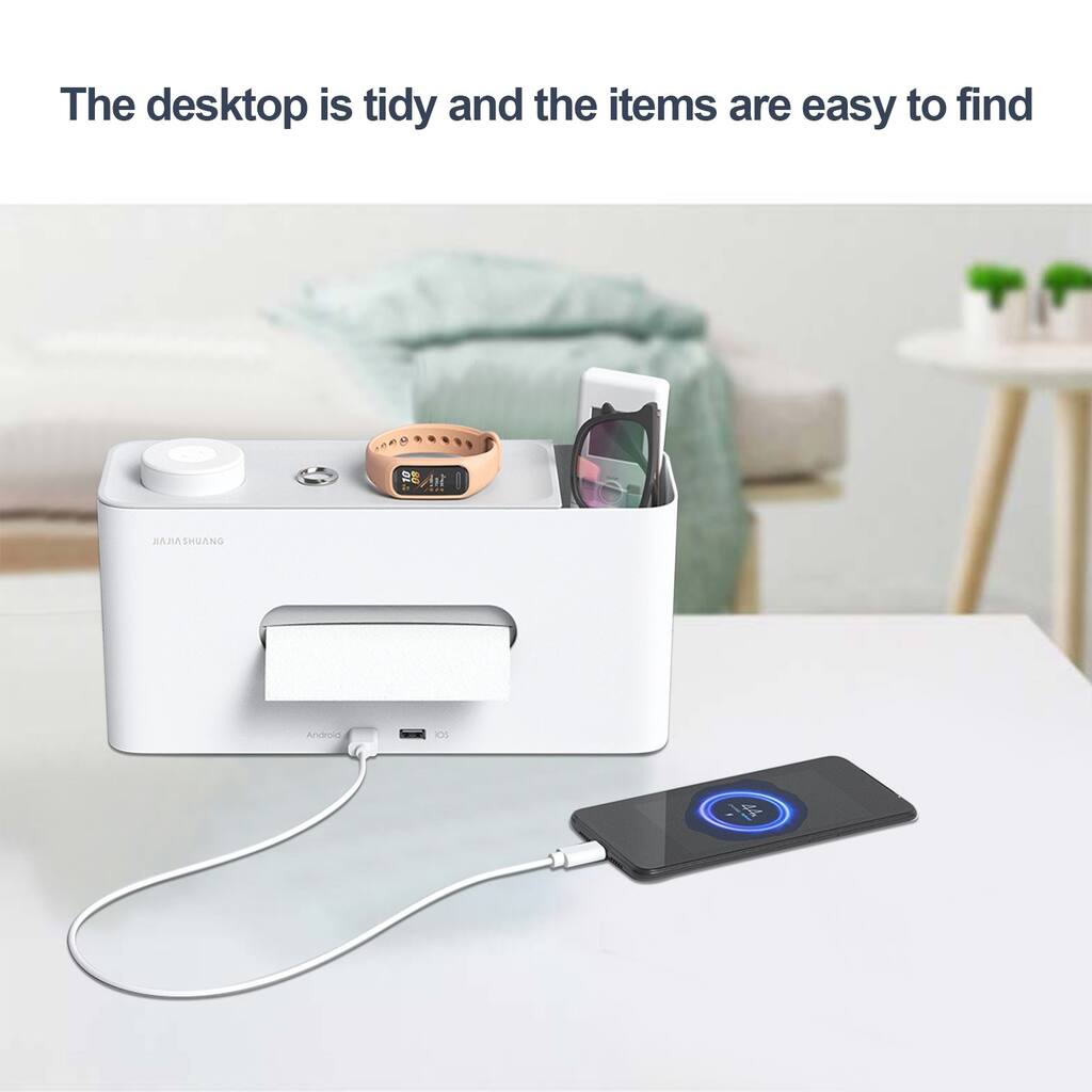 Multifunctional LED lamp bedside table storage box tissue box with USB, suitable for bedroom, living room, white