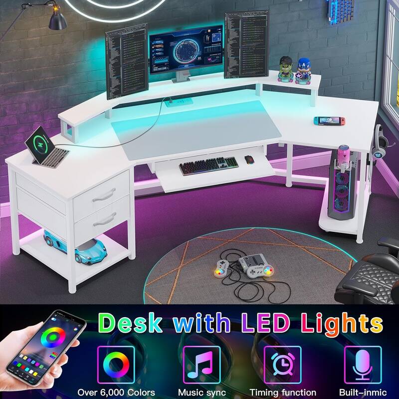 79" L Shape Gaming Desk Computer Desk 2 Fabric Drawers & LED Light