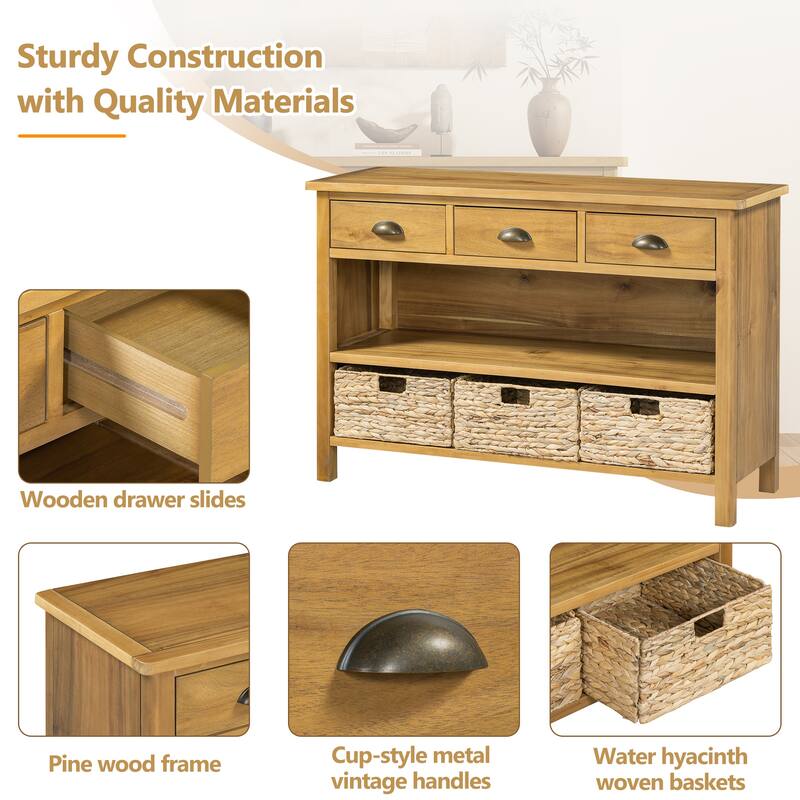 Console Table with 3 Storage Drawers, Entryway Table with 3 Water Hyacinth Woven Baskets, Sofa Table with Wooden Top