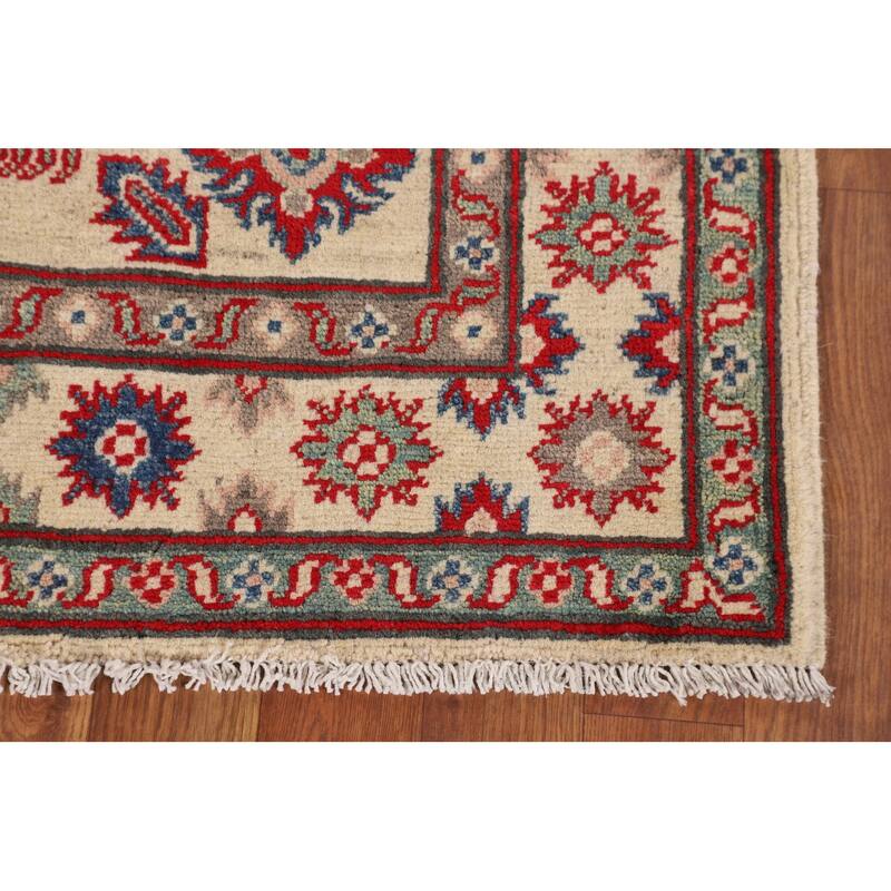 Geometric Kazak Oriental Accent Rug Handmade Beige Wool Carpet - 3'3" x 5'0"