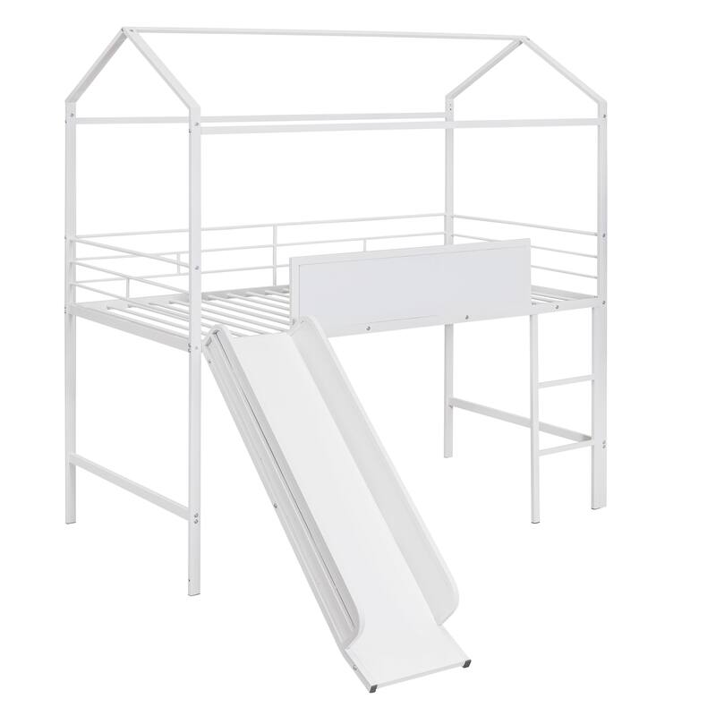 Twin Size Metal Loft Bed with Slide & Two-Sided Writable Wooden Boards - Metal House Bed Design