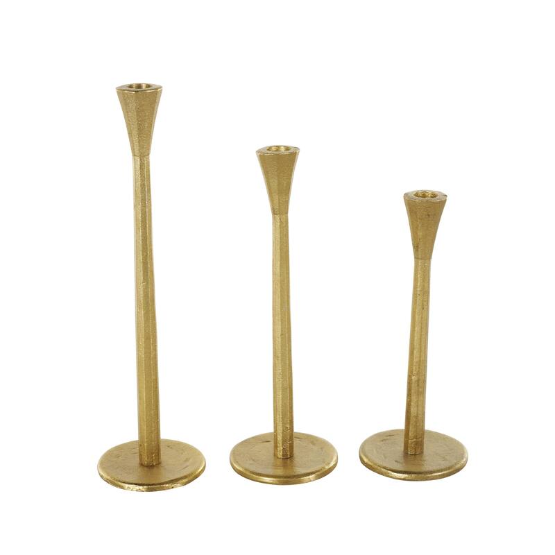 Aluminum Metal Tapered Slim Minimalistic Decorative Candle Holder with Round Base - Set of 3 Gold - Roche River Decor