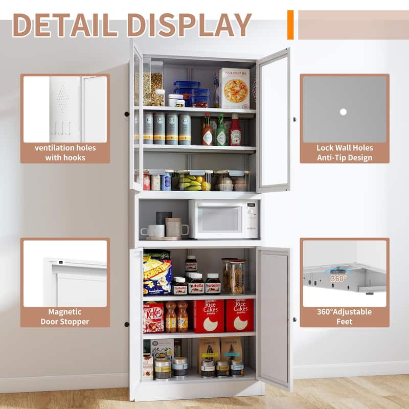 72" Metal Storage Pantry Cabinet, Freestanding Stainless Steel Frame with Adjustable Shelves and Glass Doors