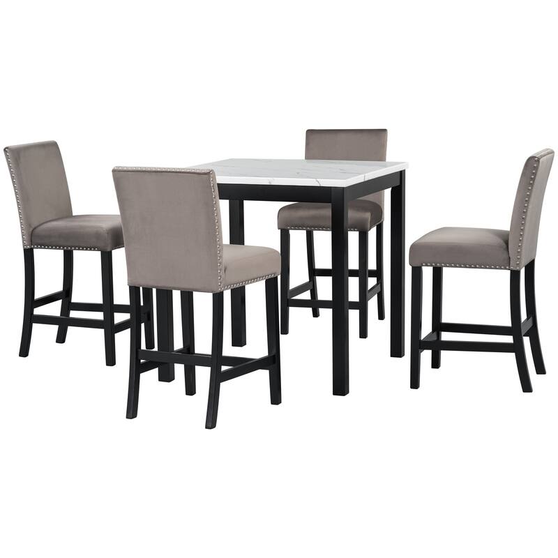 Elegant 5-Piece Faux Marble Dining Set with Velvet Cushioned Chairs, Counter Height Table for Modern Dining Spaces