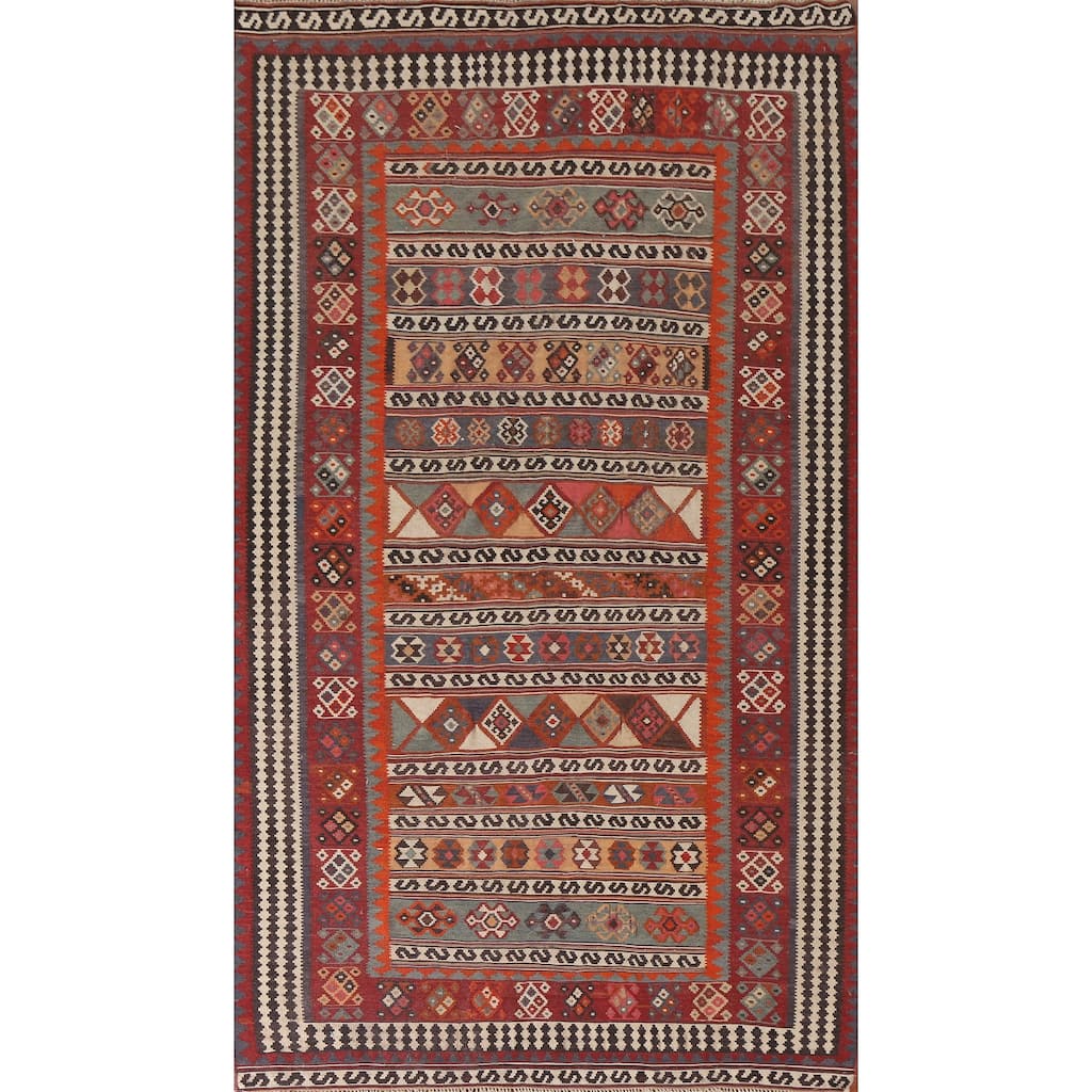 Tribal Kilim Qashqai Persian Antique Area Rug Hand-Woven Wool Carpet - 5'5"x 9'6"