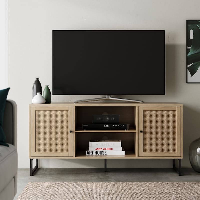 Nathan James Mina Modern TV Stand Entertainment Cabinet Media Console Oak Wood and Black Accents w/ Storage Doors