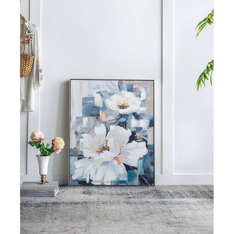 Modern Large Rectangular Floral Canvas Wall Decor Home Decor Painting with Frame, for Living Room Kitchen Foyer Office