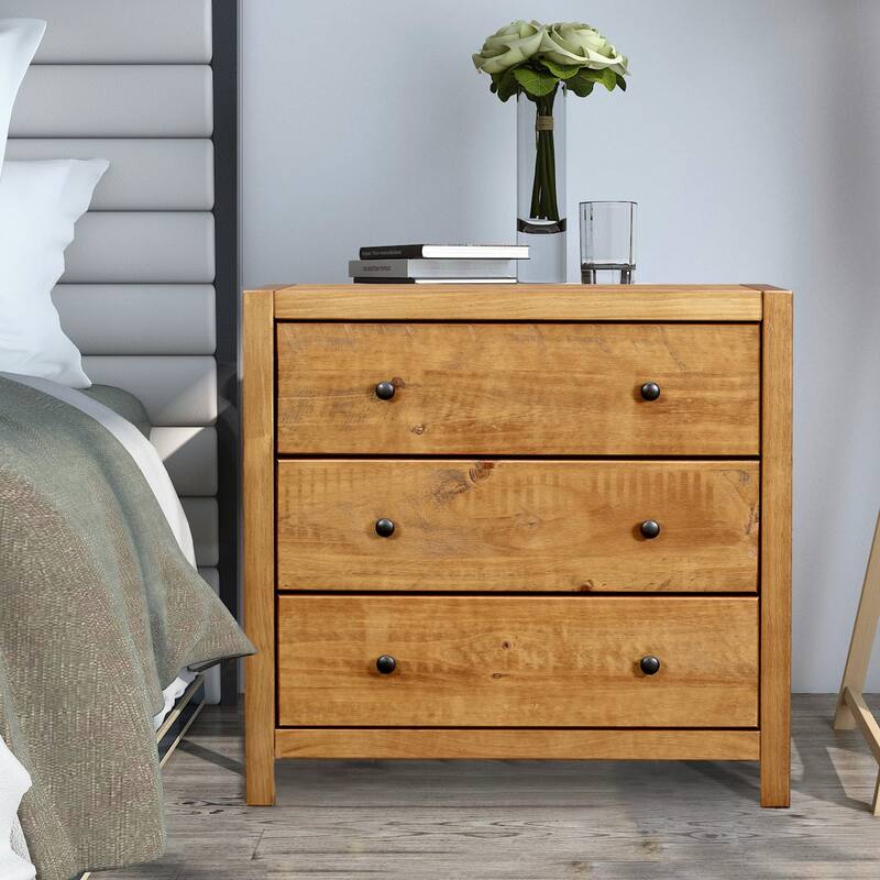 MUSEHOMEINC Solid Wood Dresser / Night Stand with 3-Drawer Storage for Your Bedroom,Round Metal knobs