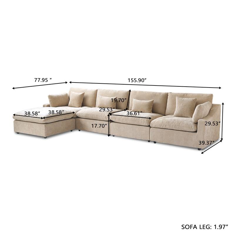 Modular Sectional Sofa Cloud Couch with Ottoman, L Shaped Linen Blend Fabric Minimalist Sectional Sofa for Living Room, Khaki